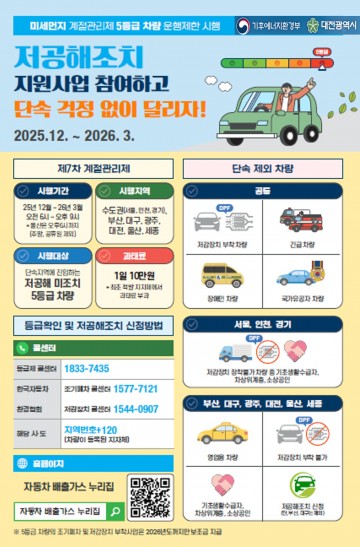 대전시, 5등급 차량 올겨울 운행 제한…12월 1일 계절관리제 시작