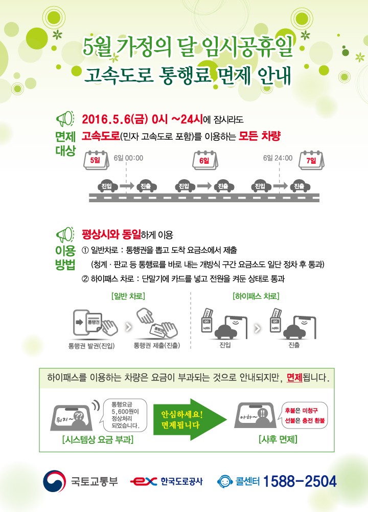 한국도로공사는 6일 임시공휴일 “고속도로통행료 이렇게 면제 받으세요”