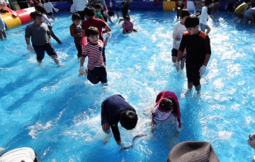 강진만 갈대축제서 장어잡는 아이들