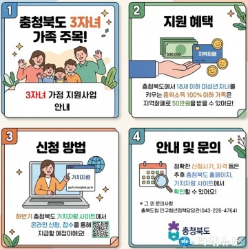 충북, ‘다자녀 지원’ 파격 확대… 3자녀 가정에 연 50만 원 신규 지급