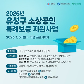 대전 유성구, 84억 규모 소상공인·창업 특례보증 지원
