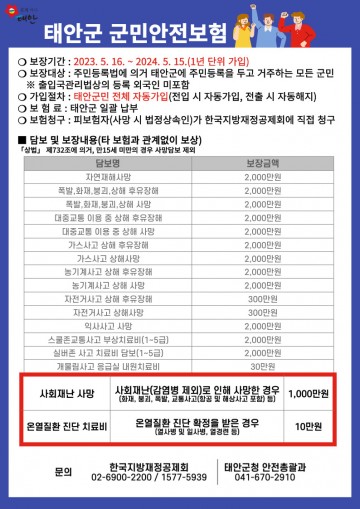 태안군, ‘군민안전보험’ 보장범위 확대시행