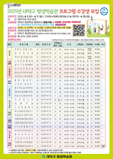 대전 대덕구, 2회차 평생학습관 프로그램 수강생 모집