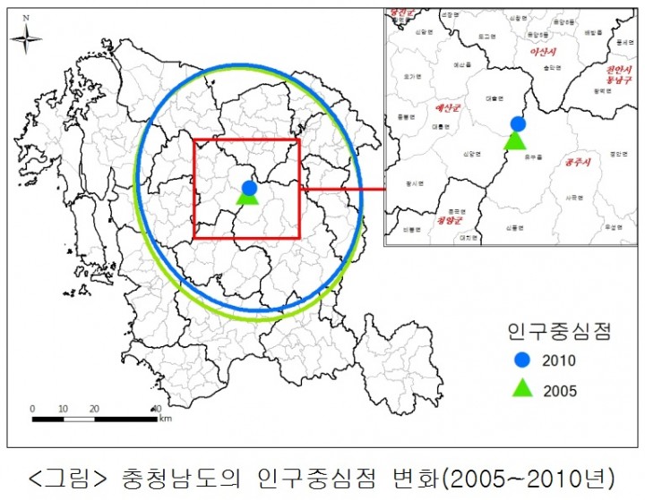 충남발전연구원, “충남도 인구 중심점이 북동쪽으로 이동했다”
