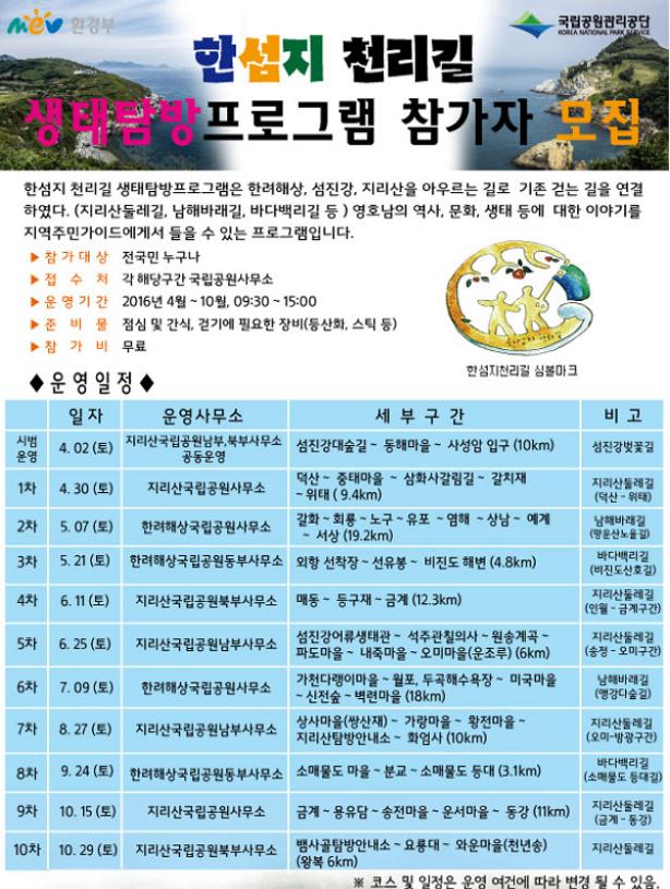 국립공원 관리공단, 한섬지 천리길 생태탐방 프로그램 운영