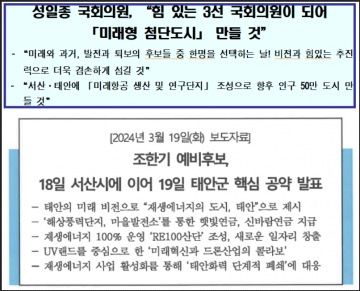 서•태안 22대 성일종 vs 조한기 공약 '조한기 풍력 신바람 100만원 지급 가세로 재탕 or 추가지급?'